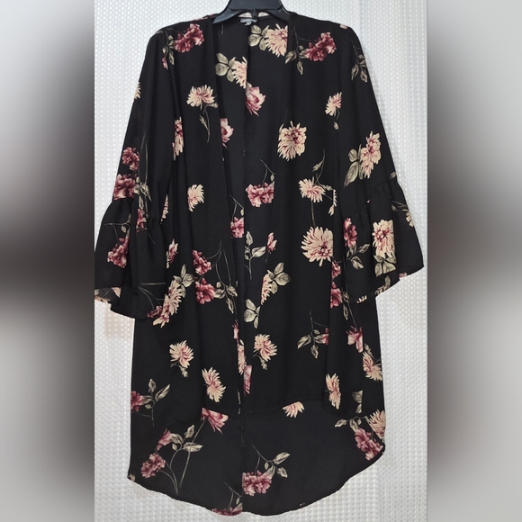 Black Floral Kimono Cardigan Duster | Boho Lightweight Layering Top | Women's - Picture 8 of 8